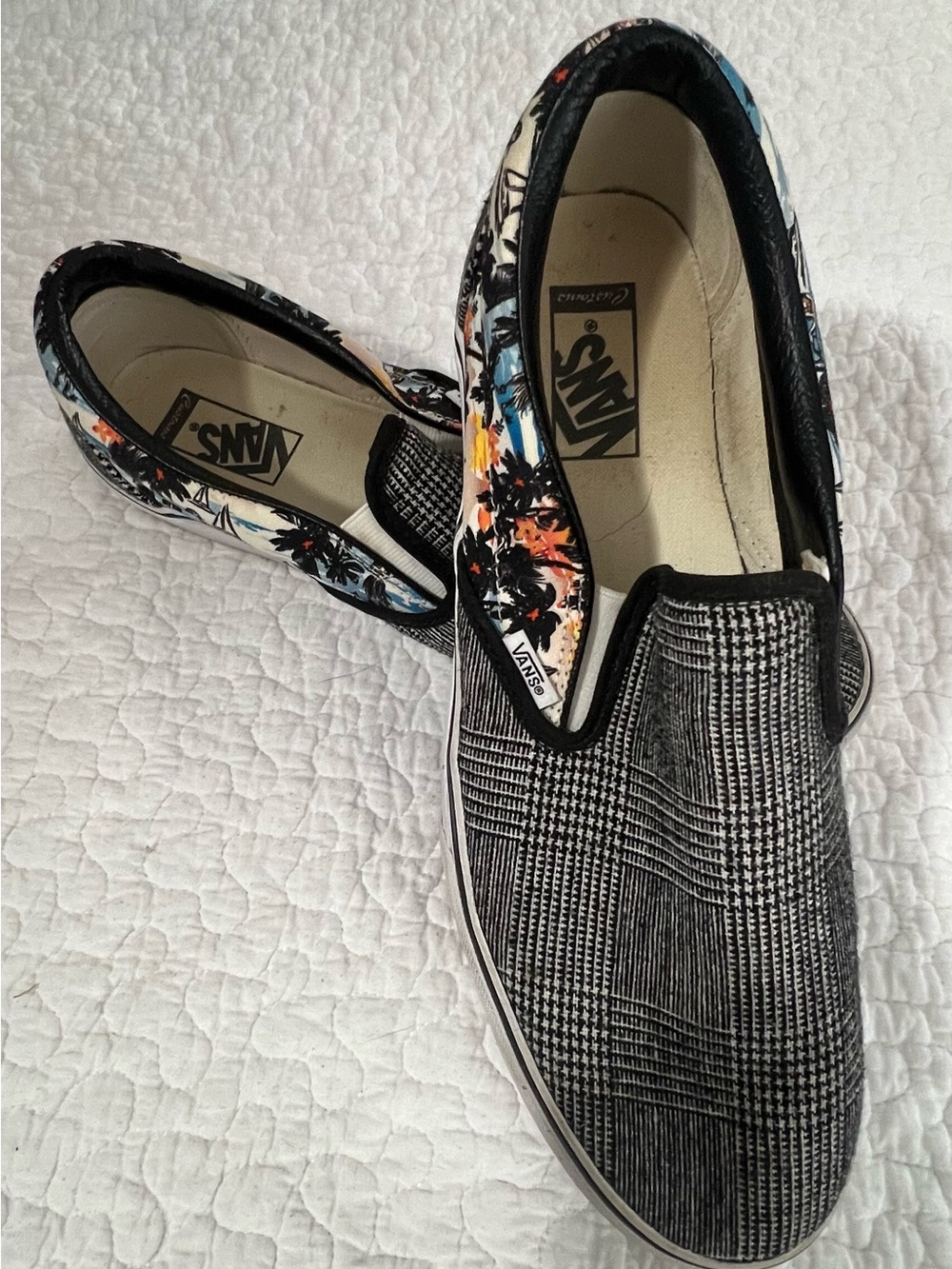 VANS Sunset Palms & B&W Plaid Slip-Ons with Multicolor Floral Trim
